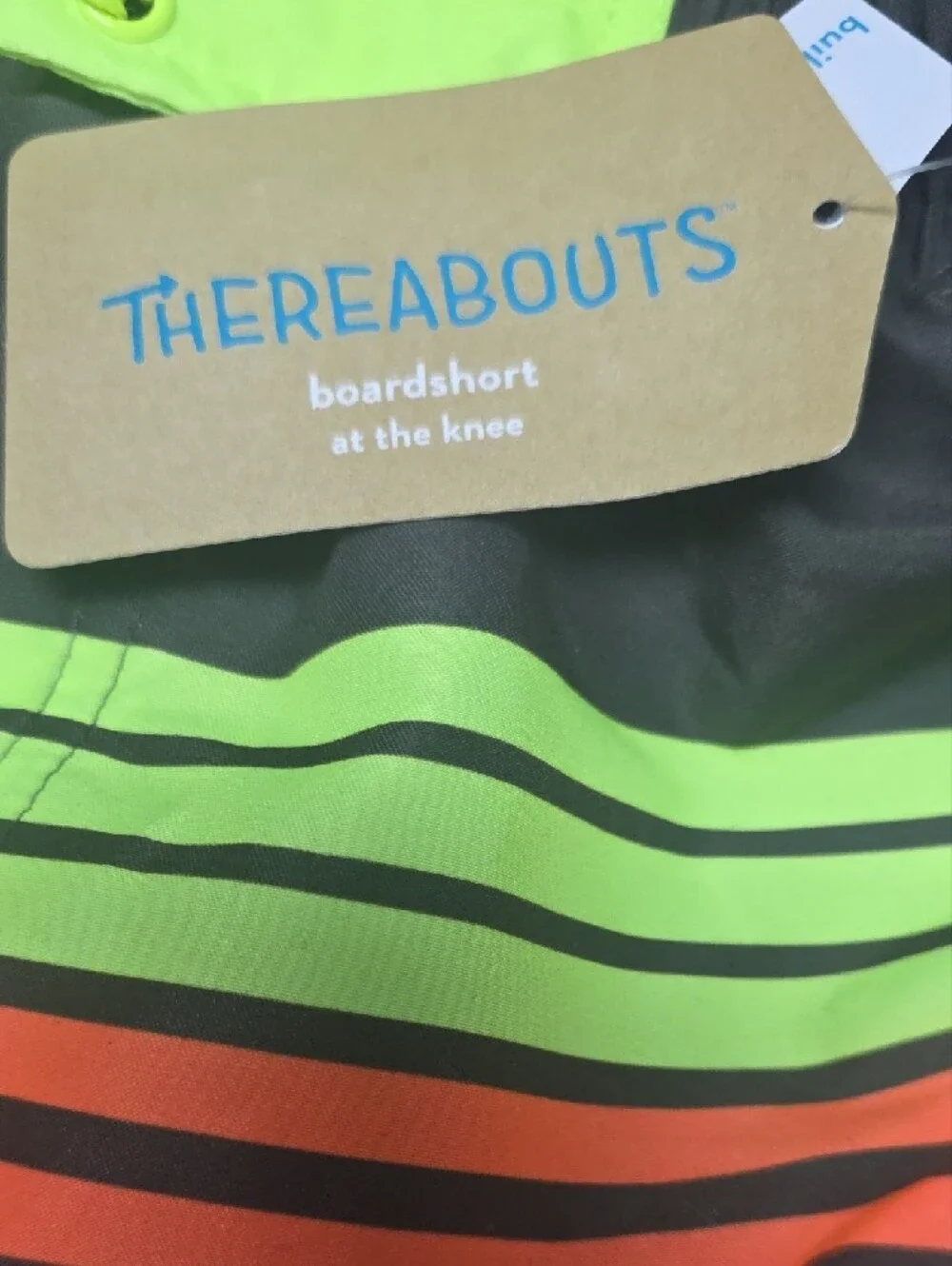 Boys Neon Stripe Swim Trunks - Green with Neon Yellow, Orange & Blue